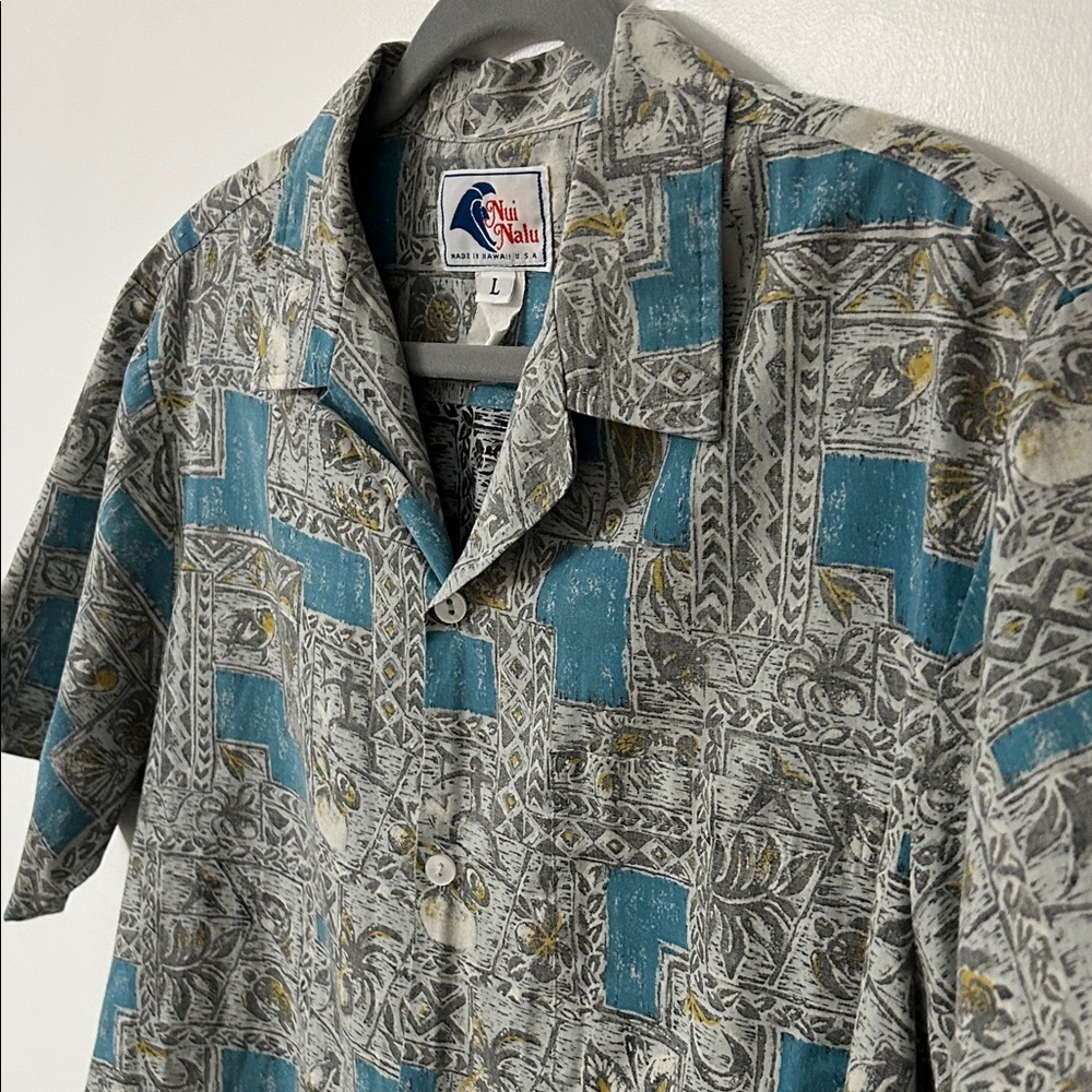 Vintage Nui Nalu Hawaiian Shirt Men's Large Teal/Gray Short-Sleeve Resort Wear - Picture 5 of 12